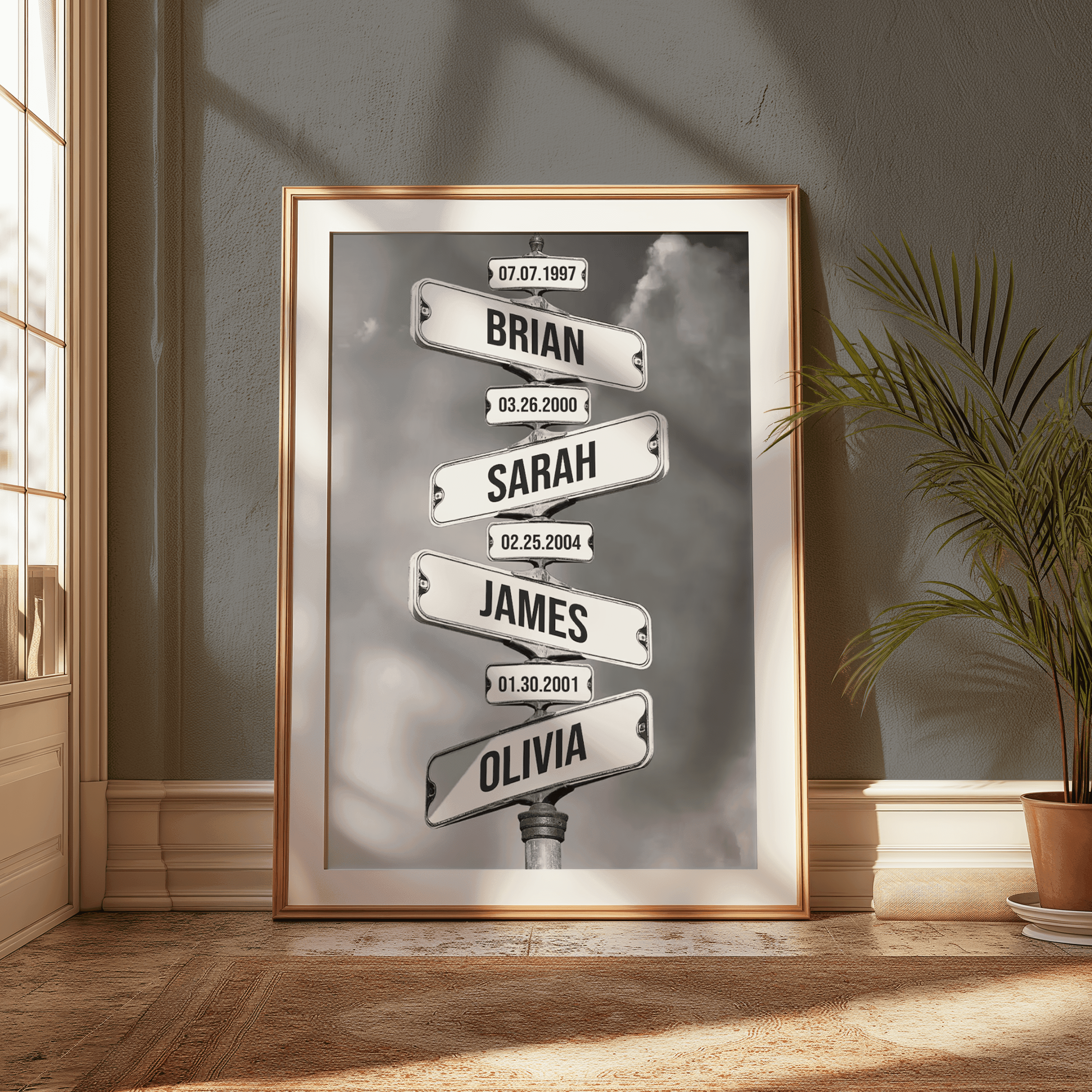 Tableau photo personnalisé représentant un design de panneaux de signalisation superposés, chaque panneau affichant un prénom et une date de naissance, personnalisables par l’utilisateur. Le tableau est en noir et blanc, avec les panneaux inclinés dans différentes directions, créant un effet visuel unique. Idéal pour immortaliser les dates de naissance des membres de la famille de manière artistique et significative.