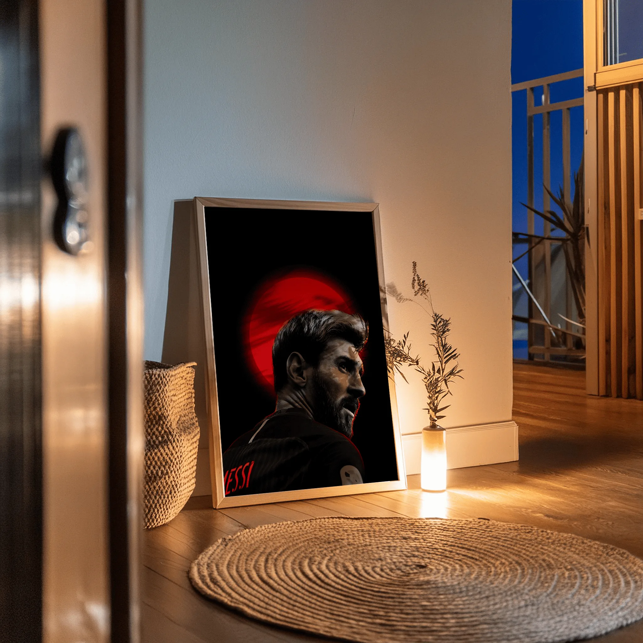 Portrait artistique de Lionel Messi de profil, avec un halo rouge vif derrière sa tête contrastant avec un fond noir, symbolisant sa passion et son aura iconique dans le football