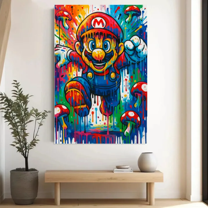 Tableau Super Mario street art multicolore accroché au mur – décoration murale moderne et pop art geek