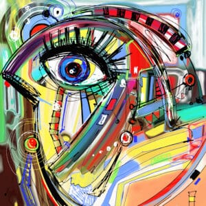 Illustration abstraite d’un œil en style art contemporain, composée de lignes dynamiques et de couleurs vives