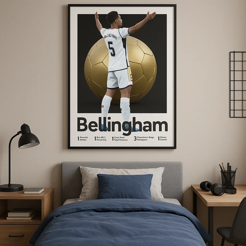 Poster encadré de Jude Bellingham dans une chambre d’adolescent au style minimaliste, avec lit gris et couette bleue.