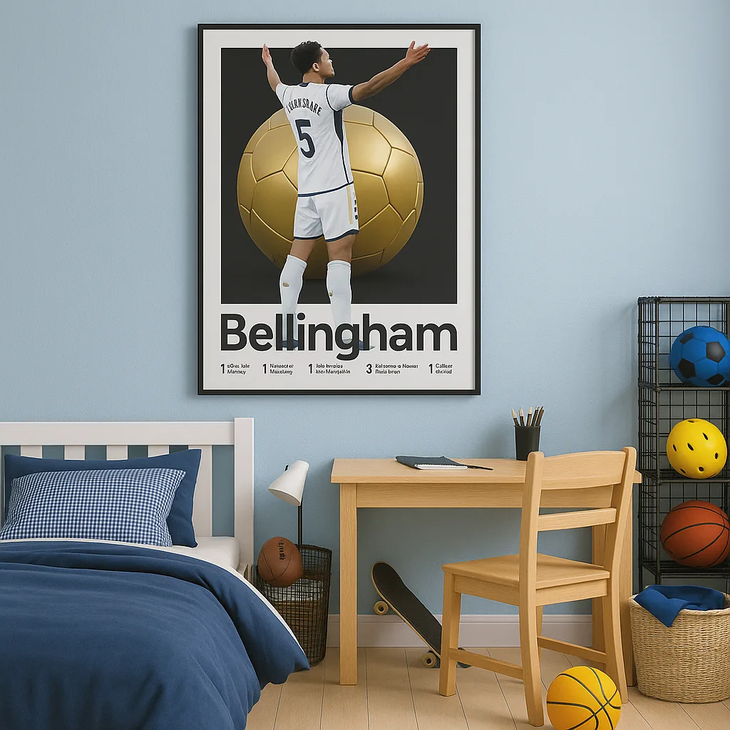 Toile encadré de Jude Bellingham, idéal pour apporter une touche sportive et inspirante à la chambre d’un enfant. Couleurs vives, décor ludique et ambiance motivante.