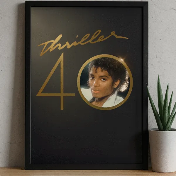 Affiche officielle Thriller 40 ans avec portrait de Michael Jackson, écriture dorée « Thriller » et chiffre 40 sur fond noir élégant.
