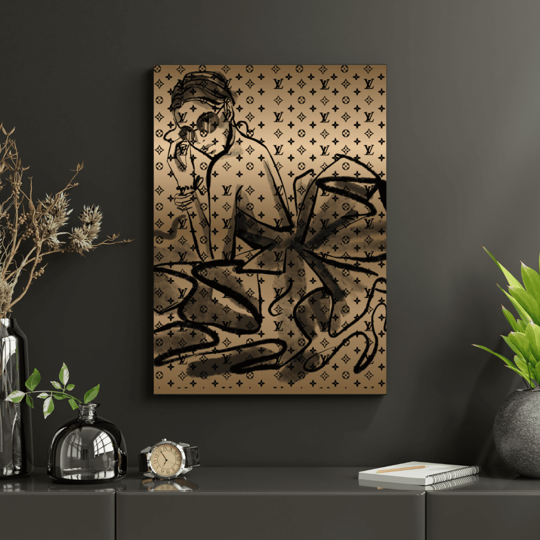 Tableau mural contemporain doré avec illustration artistique en noir, décoration design élégante et moderne