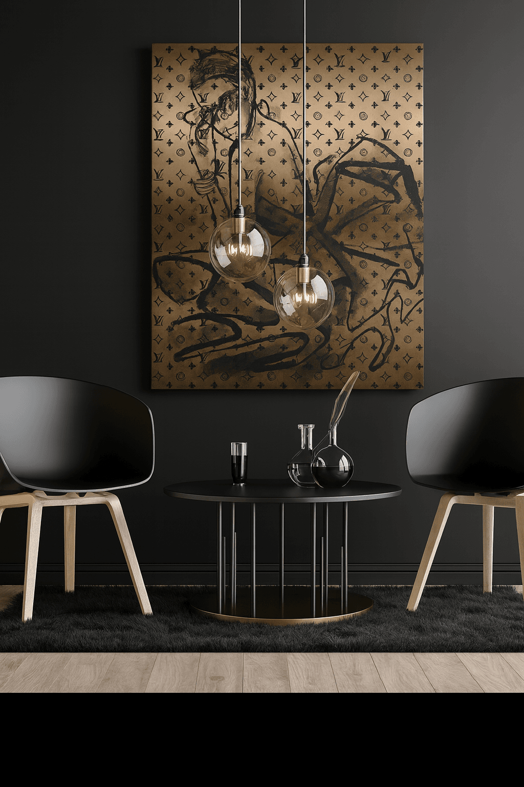 Tableau mural contemporain doré avec illustration artistique en noir, décoration design élégante et moderne