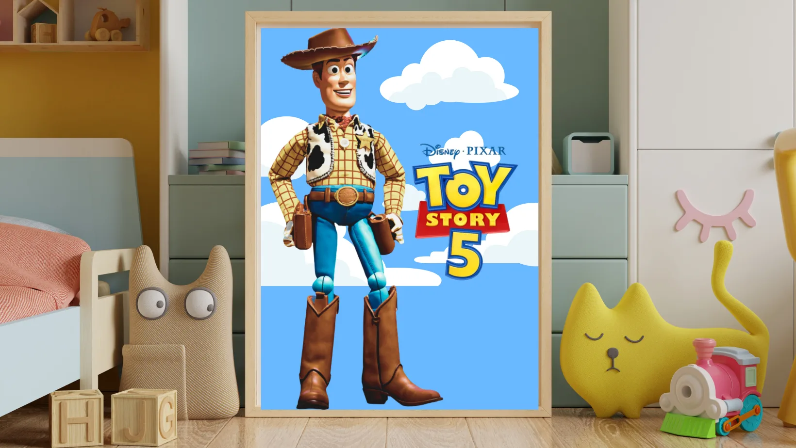 Mockup d’un tableau Toy Story 5 avec Woody, fond ciel bleu et nuages, affiche encadrée en bois dans une chambre d’enfant avec coussin chat et cubes en bois – montableau.fr