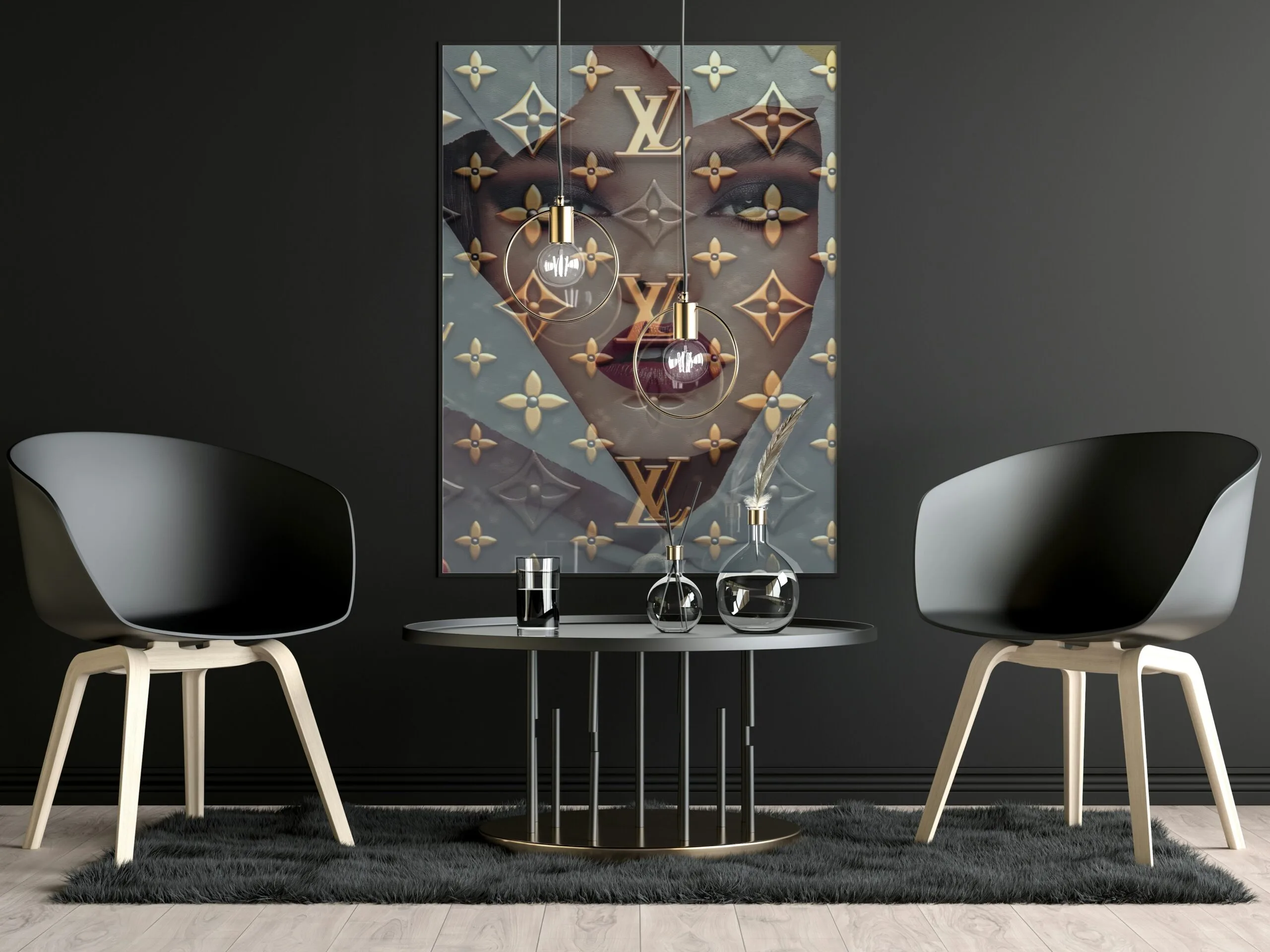 Œuvre murale moderne représentant un visage féminin mystérieux rehaussé de motifs graphiques dorés, décoration contemporaine haut de gamme